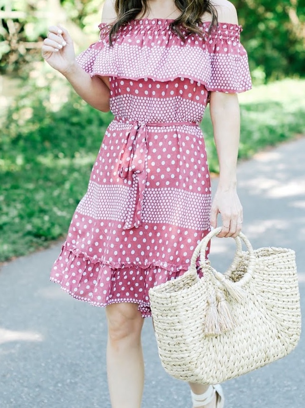 LOFT Dusty Rose Polka Dot Off-Shoulder Ruffle Dress